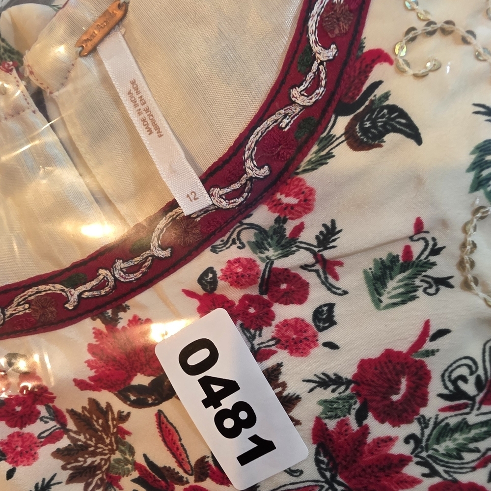 Free People Cream Floral Long Sleeve Boho Dress with Red Accents - Picture 5 of 5